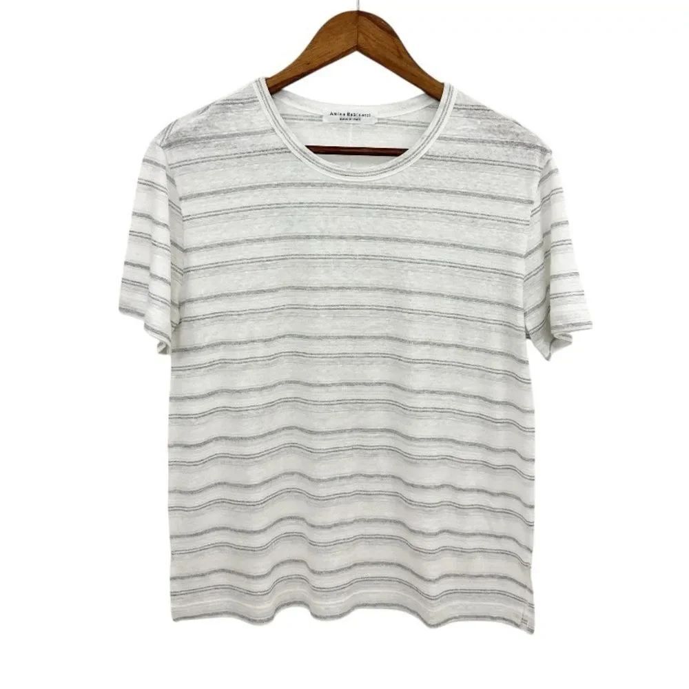 Amina Rubinacci Stripe Short Sleeve Linen Blend Top Gray White Size Large